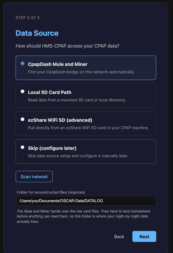 Pick your Mule and Miner, then tell it where to keep the files. That is the whole data setup