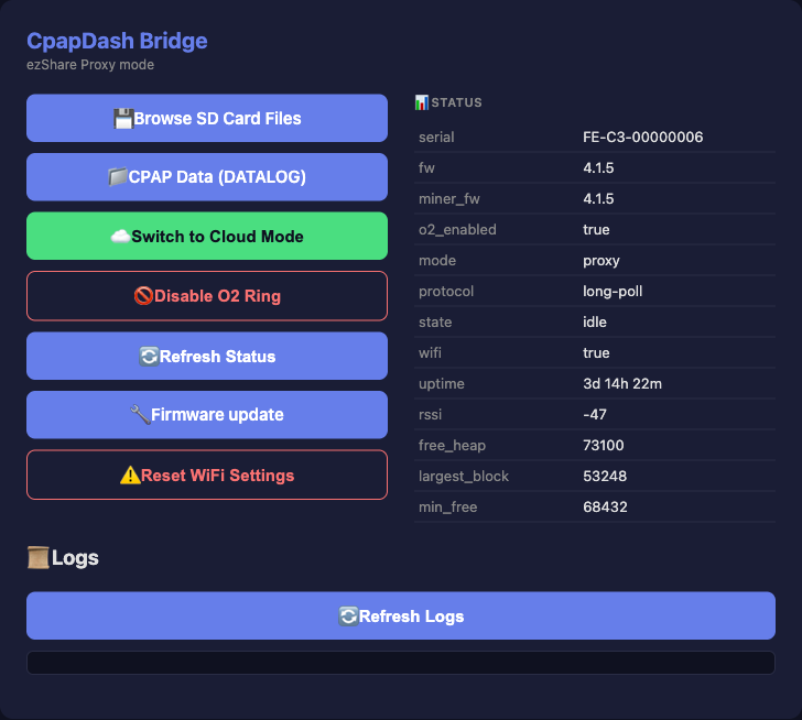 On the bridge's own page at cpapdash.local, the green Switch to Cloud Mode button sits below the DATALOG browse button