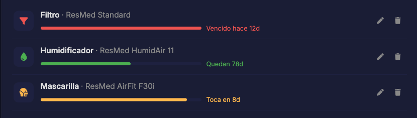 Editando un accesorio: marca, modelo, en uso desde, reemplazar cada