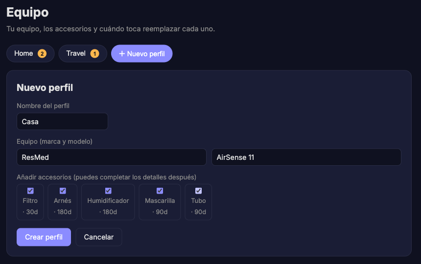 Creando un perfil con un equipo y cinco accesorios