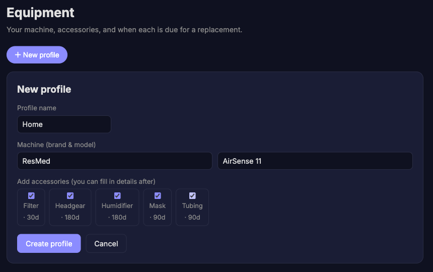 Creating a profile with a machine and five accessories