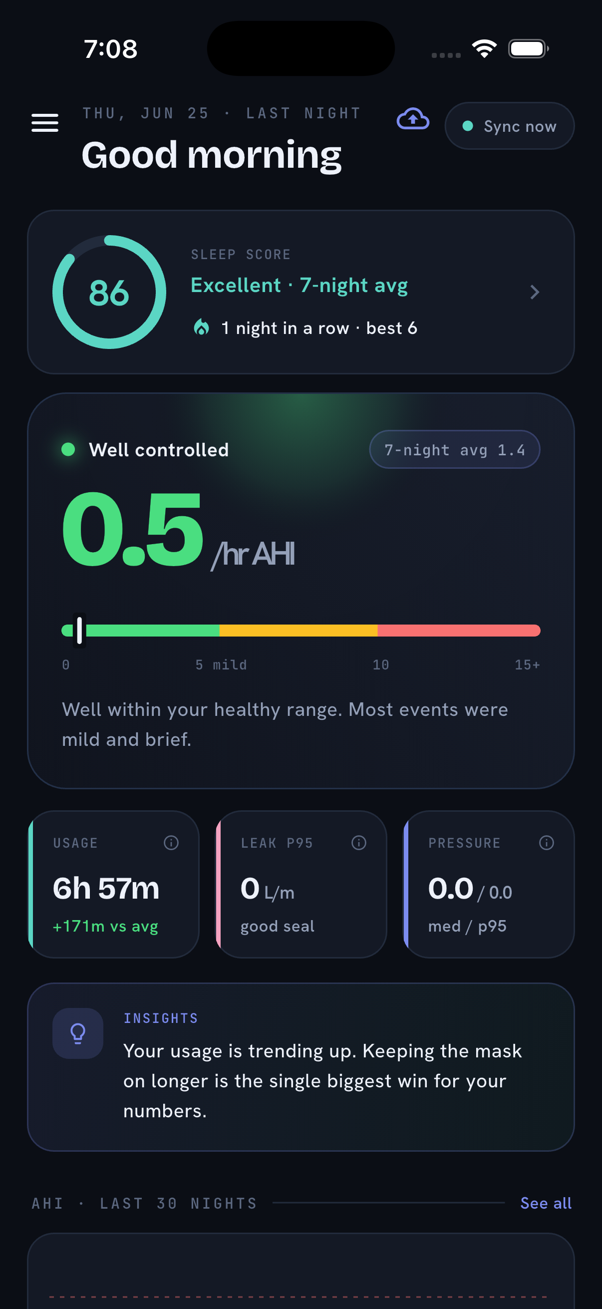 The CpapDash app on a morning after: sleep score, AHI with a plain-language read, usage, leak and pressure tiles, and an insight about what to change