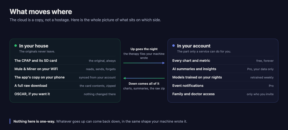 What moves where: the CPAP, the bridge, the app's copy on your phone and the raw download live in your house, while charts, AI summaries, weekly retrained models, notifications and invited access live in your account