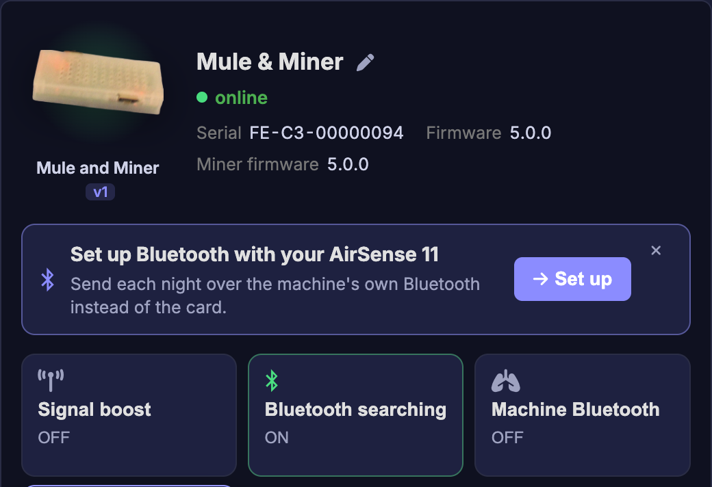 On the Devices page, Set up Bluetooth with your AirSense 11 under your Mule and Miner