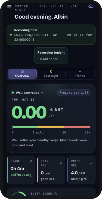 CpapDash showing a night being recorded live from Sleep Bridge Cloud