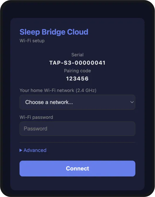 The Sleep Bridge Cloud setup page, with its serial and pairing code
