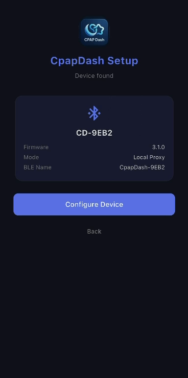 The CpapDash app finding the Mule over Bluetooth