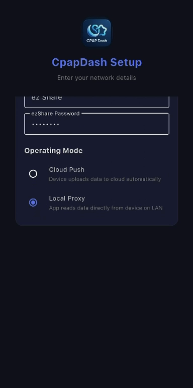 Entering home WiFi and ezShare details, with the Operating Mode choice