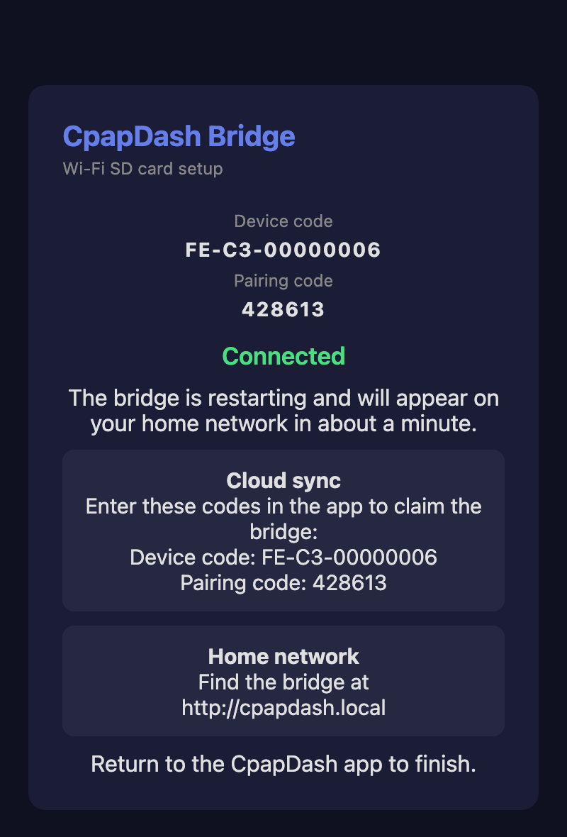 Configuración completa: el puente está conectado y muestra tu código de dispositivo y código de emparejamiento