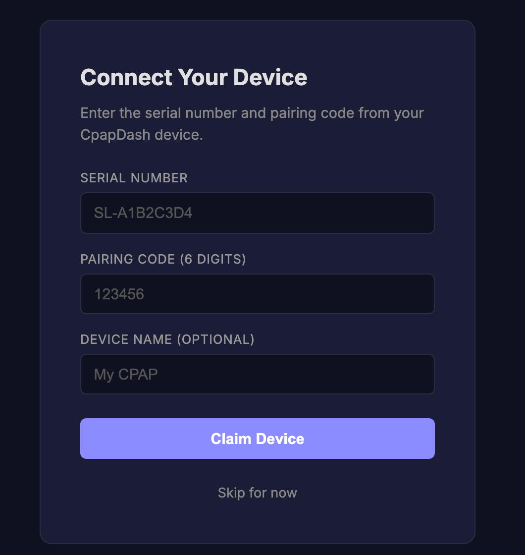 Reclamando el puente en cpapdash.com con su código de dispositivo y código de emparejamiento