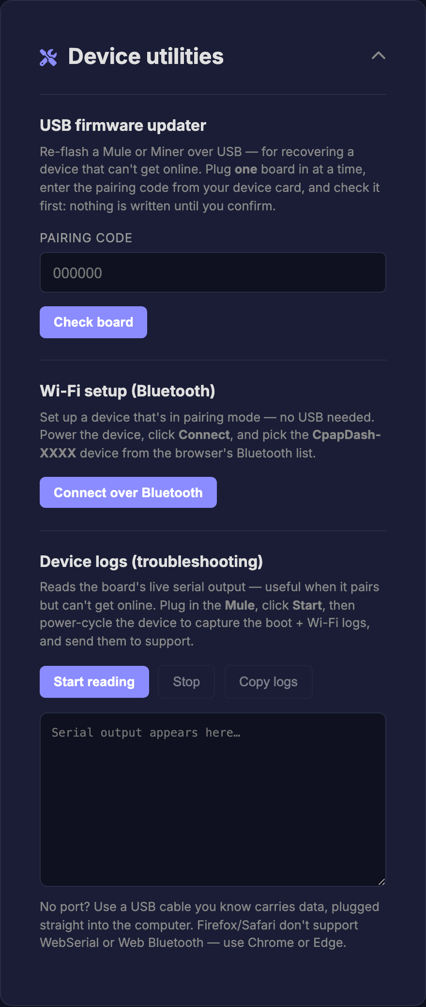 Device utilities en cpapdash.com: configuración de Wi-Fi por Bluetooth para puentes más viejos