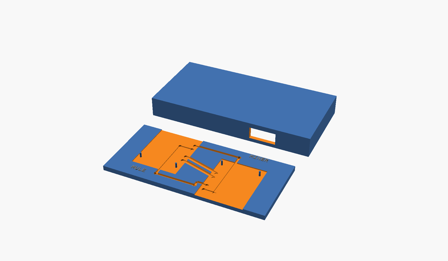 La placa de cinta UART de hms-mm y su tapa deslizante en OpenSCAD: dos huecos para ESP32-C3 al ras de los bordes, trazas UART paralelas cruzando el hueco, y raíles de GND y 3V3 enrutados por el interior