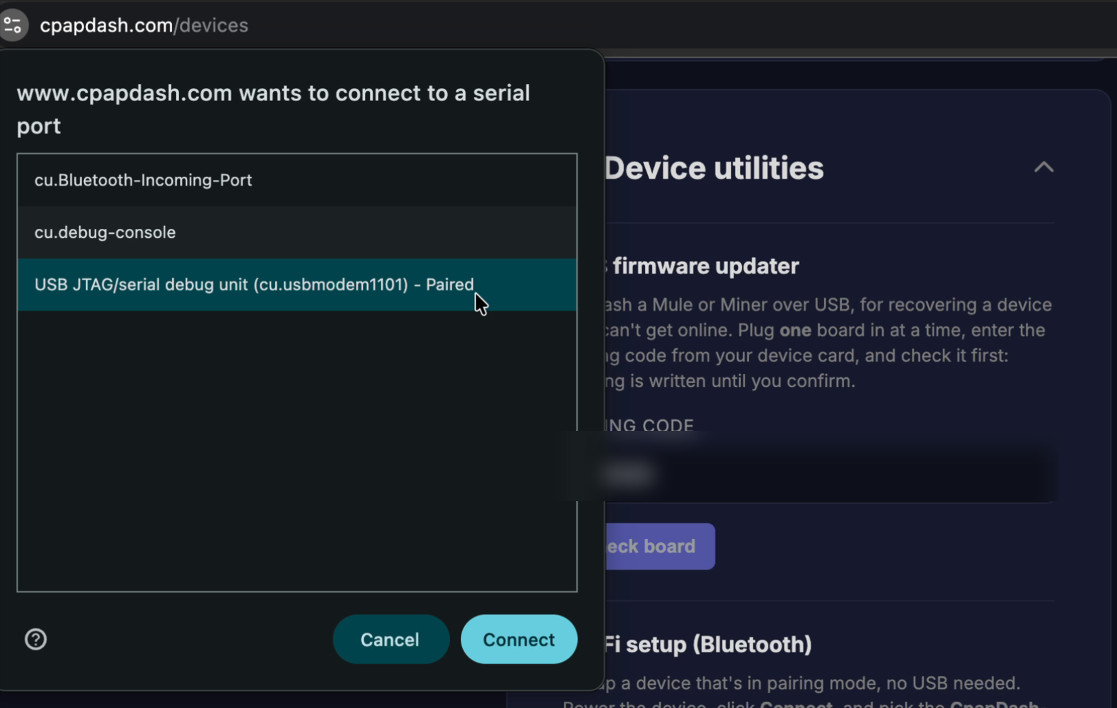 Choosing the device in the browser pop-up