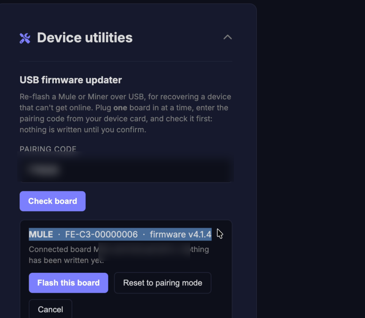 The updater showing the detected board