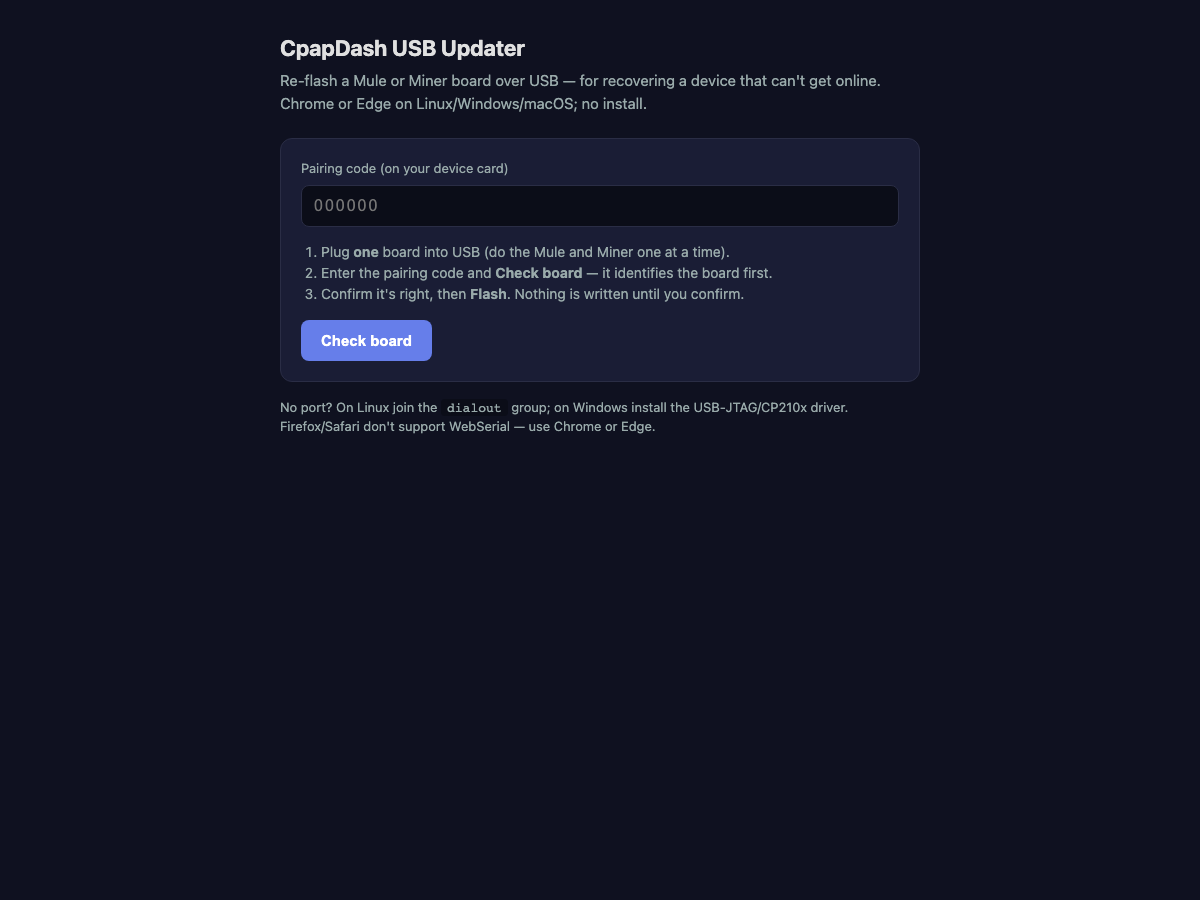 The CpapDash USB Updater page