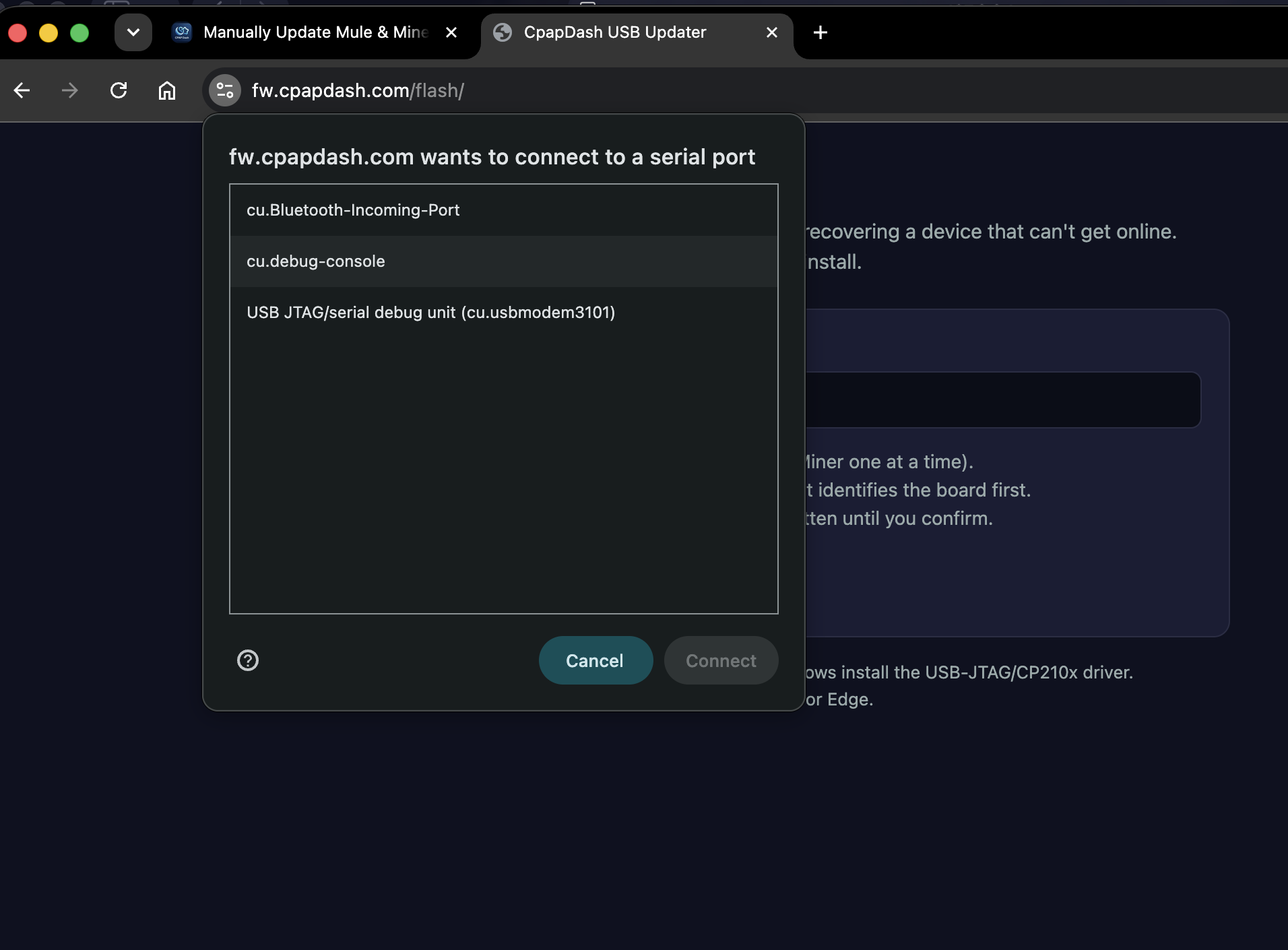 Choosing the device in the browser pop-up