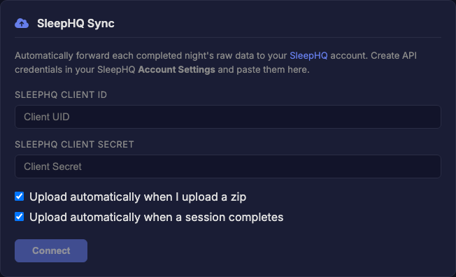 The SleepHQ Sync card in CpapDash settings: paste your API credentials and choose when to auto-upload