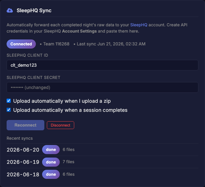 Connected to SleepHQ, with each completed night listed in recent syncs