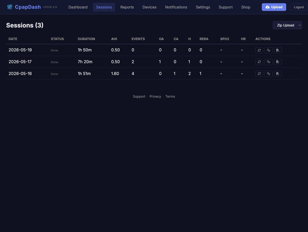 The sessions list, every recorded night with AHI, duration, and event counts