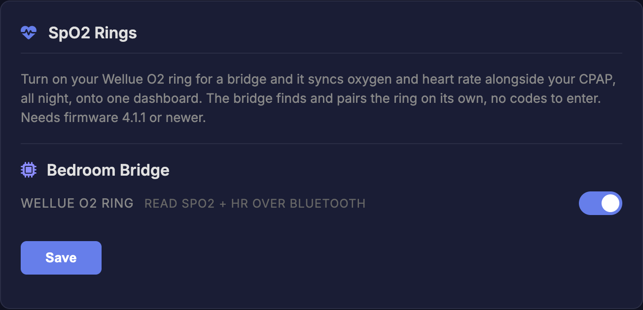 The SpO2 Rings setting: flip on the Wellue O2 ring for your bridge, no codes to enter