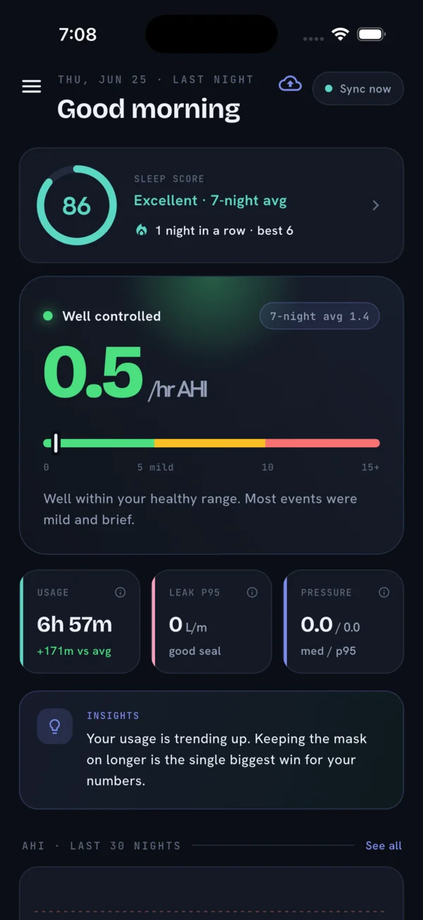 The CpapDash app on a phone: last night at a glance