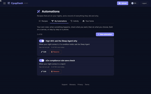 Building an automation in CpapDash: a trigger, a check, then what should happen
